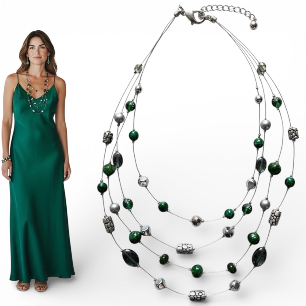 Chico's Elegant Green and Silver Beaded Necklace